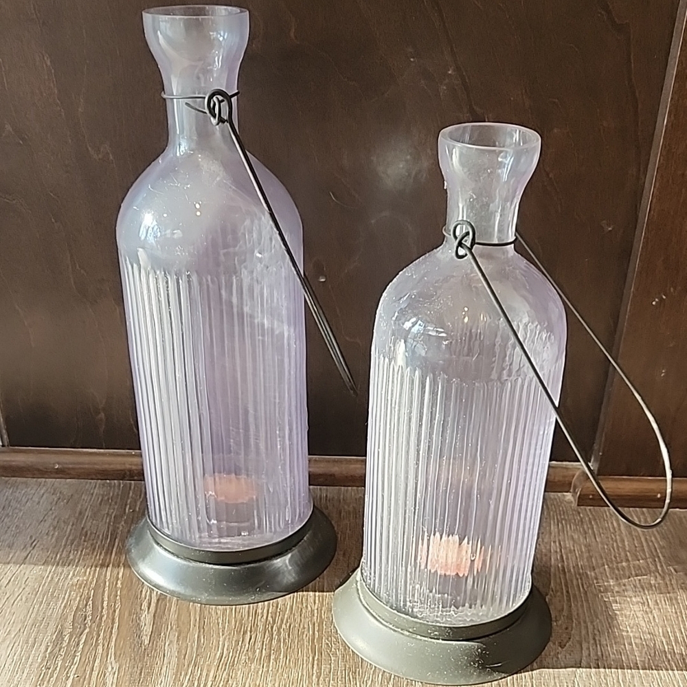 Set Of Elegant Glass Lanterns with Metal Base